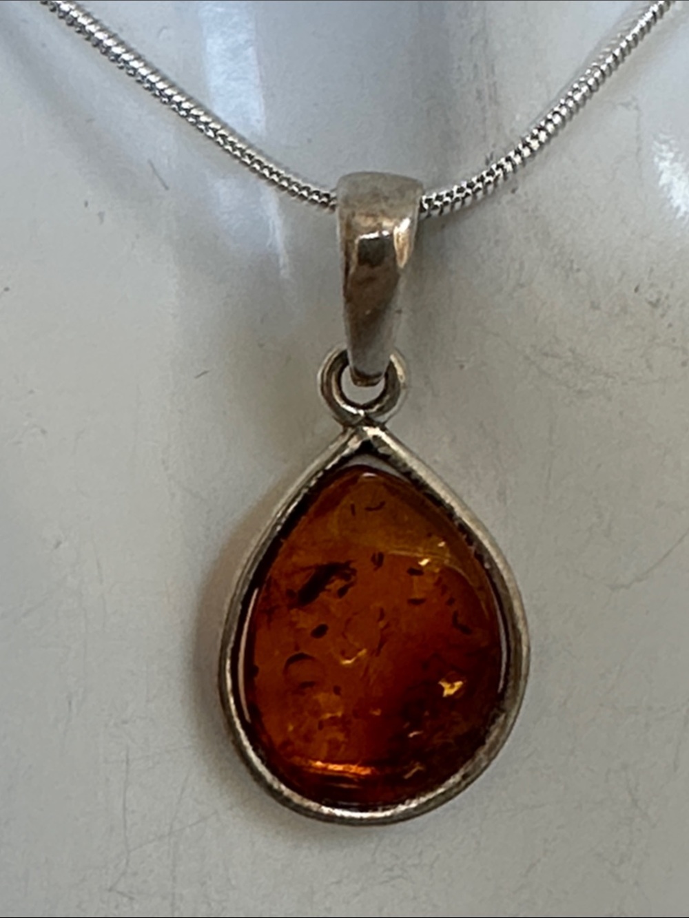 Elegant 925 Sterling Silver Teardrop Amber Necklace - Warm Orange Amber - Picture 3 of 6